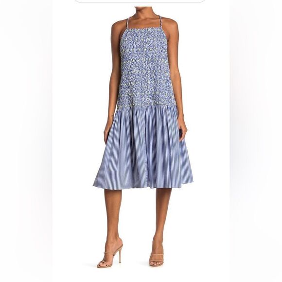 $465 NEW TANYA TAYLOR BLUE STRIPED
MIDI DAY SUNDRESS size Medium and Large, NWT - Picture 1 of 14